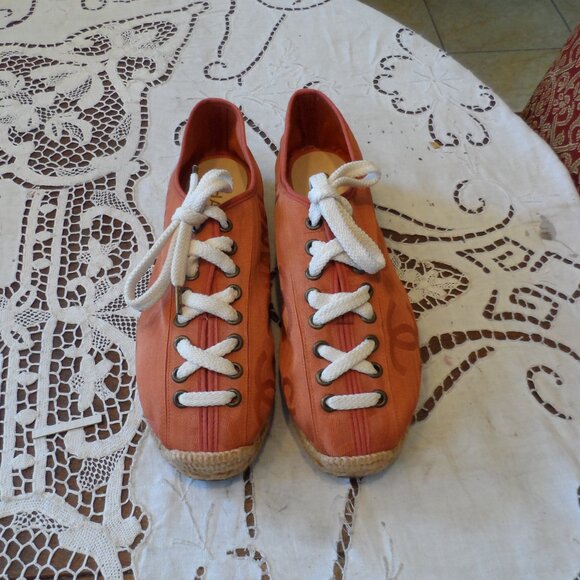 New Chanel Orange Signature Logo Canvas Lace Up Espadrilles Size 37B - Picture 1 of 16